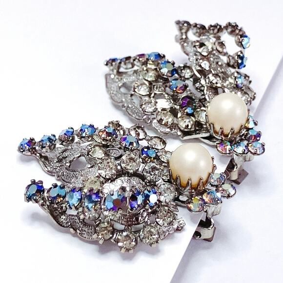 VTG Signed Hobé Mid Century Earrings AB 1950s Rhinestone Faux Pearl Clip On - Picture 5 of 11
